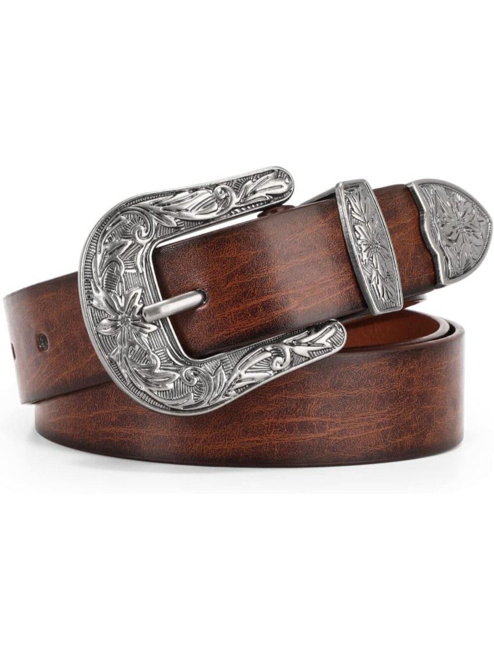 Women's I-dark Coffee Leather Waist Belt Vintage Western Design Silver Buckle